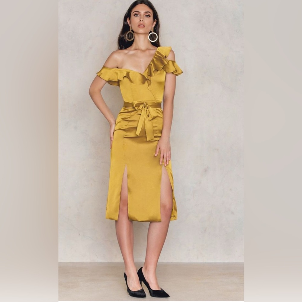 Lavish Alice Gold Satin Midi Dress 6 NEW One Shoulder Ruffle Slit Front Evening